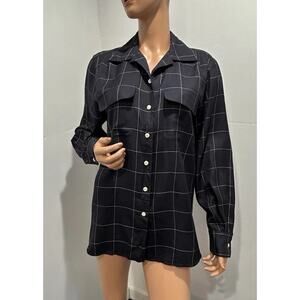 Lauren Ralph Lauren 100% Silk Blouse Navy Plaid Long Sleeve size 12